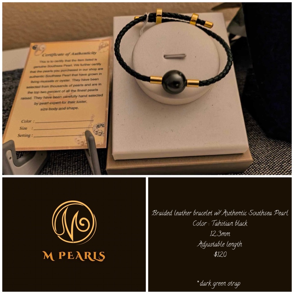 M Pearls Braided Leather Bracelet with Tahitian Black Pearl